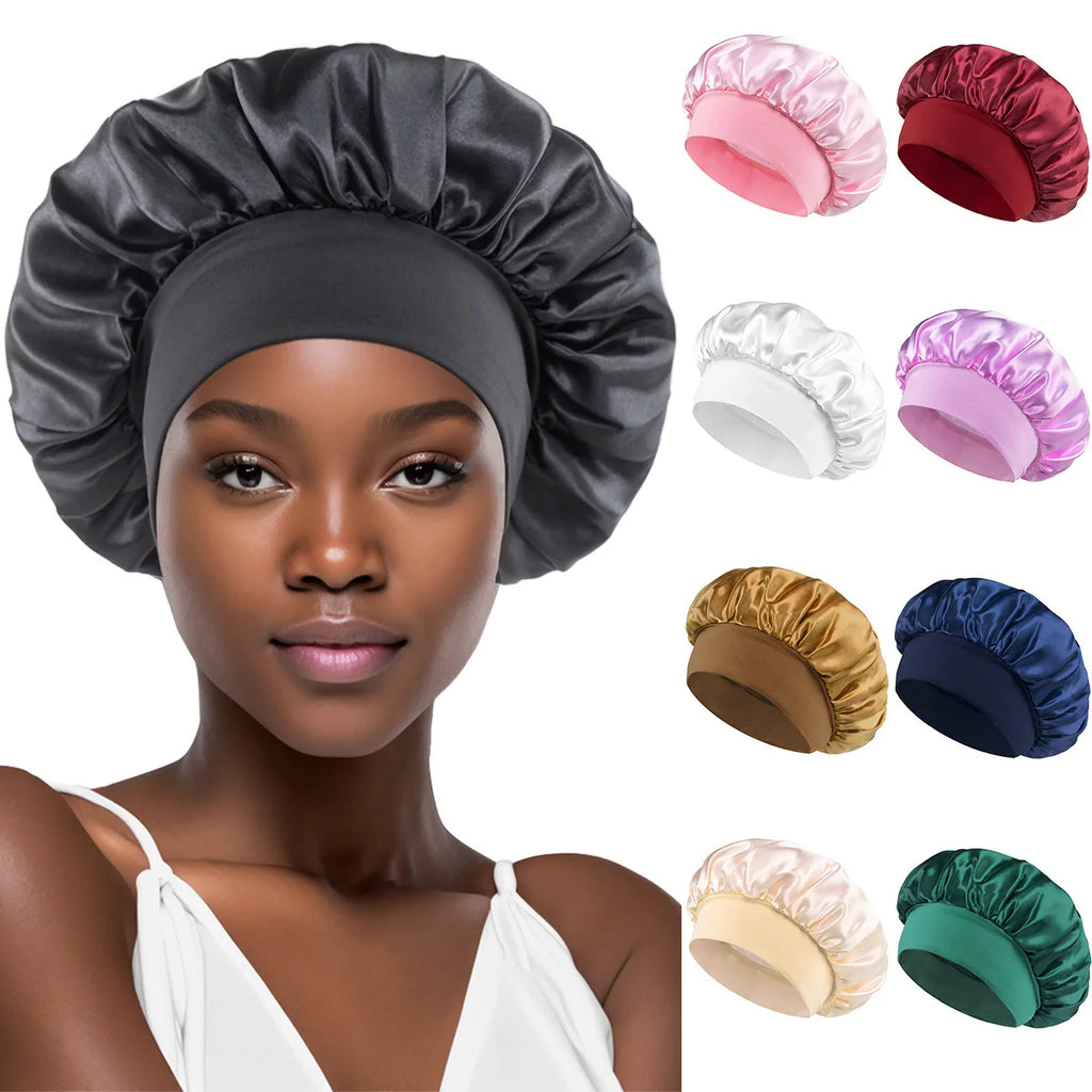 1/2/5PCS Women's Satin Solid Wide-brimmed Sleeping Hat Unisex Head Wrap Elastic Band Cap Hair Care Bonnet Night Hat Bonnet Nuit